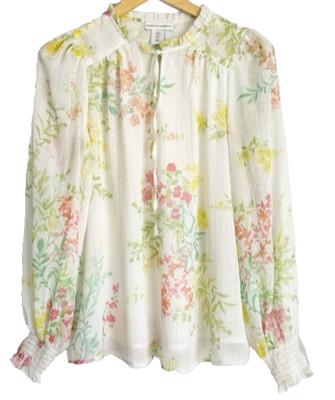 Cupcakes And Cashmere White Floral Cottage Peasant Prairie Sheer Chiffon Blouse
