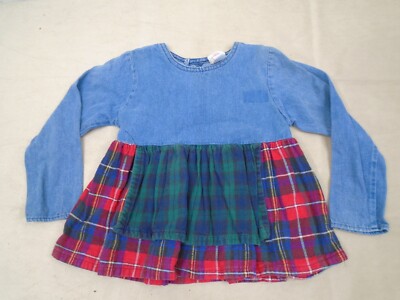 Vintage 90s Buster Brown Girls Dress Denim Plaid Cottage Core Cute Size 4T