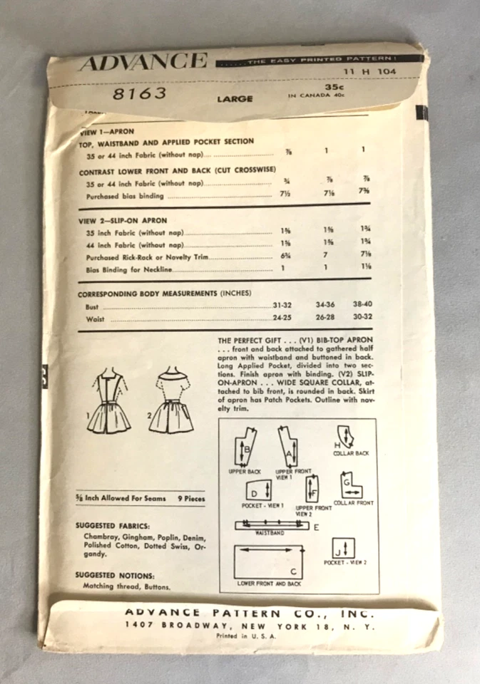 Vintage Apron Pattern Advance 8163 Size L Uncut Unique Collared Slip-on Apron - Image 2 of 3