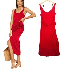 Reformation Midi Summer Dress Kalia Red Stretch Wrap Front Slinky size L
