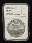 NGC MS 69 2008 American Silver Eagle One Dollar S$1 Coin - 308