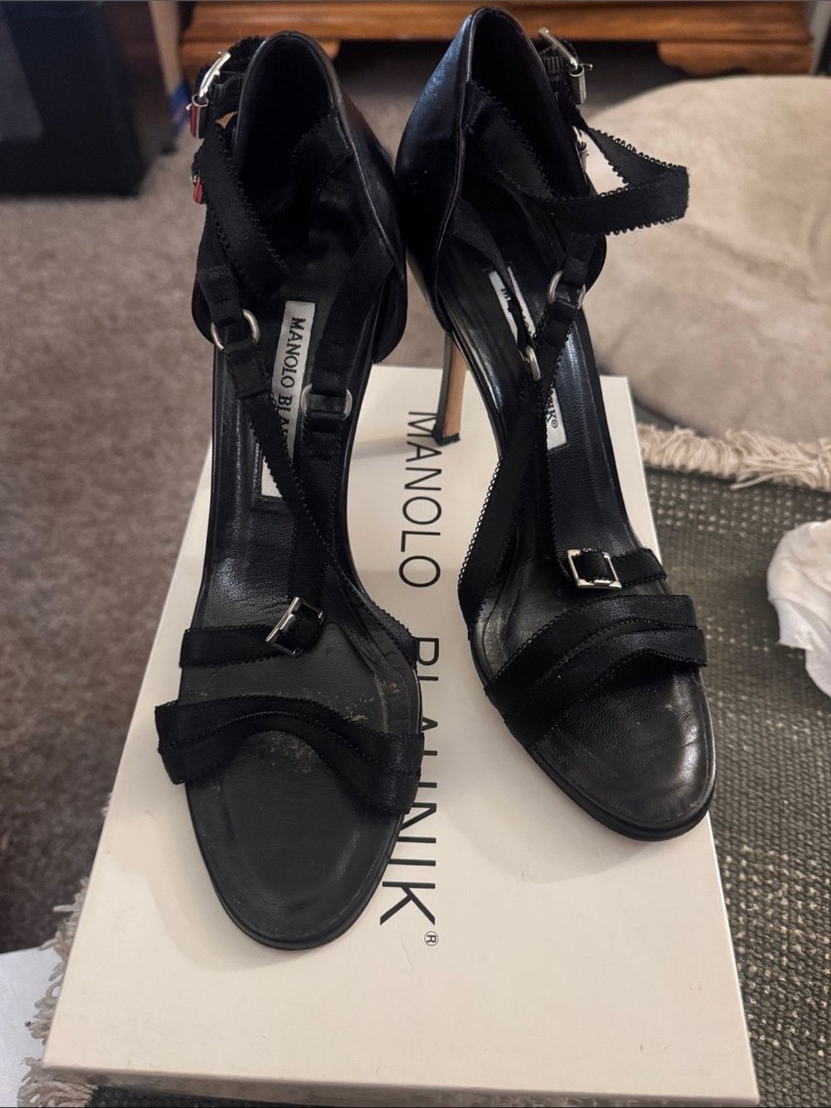 Manolo Blahnik Black Leather Stilettos with Satin Straps