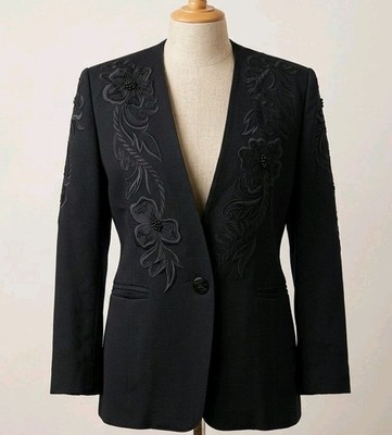 VTG Escada Margaretha Ley Black Cotton Blazer Jacket Floral Beaded Soutache 40