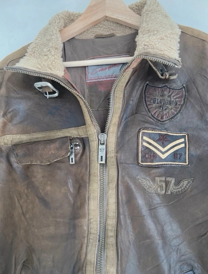 Men’s Chevignon 57 Brown French Leather Aviator Jacket Vintage 1990s XL - Image 3 of 4