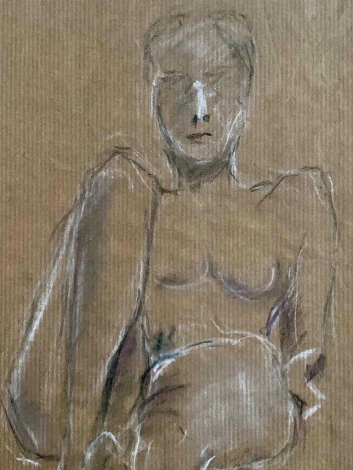 Tableau ancien portrait femme assise pastel & fusain à attribuer - Photo 4/4