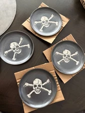 Halloween Black Appetizer Plate Skull Crossbone Set of 4 Stoneware 6” NEW in Box