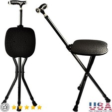 Folding Walking Cane W/ Seat LED Light Adjustable Height Portable Support New