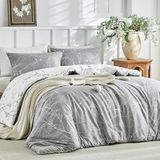 Reversible Duvet Cover King Size, Grey White Branch Comforter Cover King 3pcs