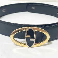 Vintage GUCCI Oval Interlocking GG Buckle Black Leather Belt Gold 29-31 in