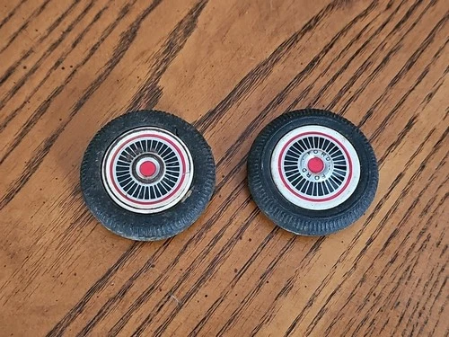 Vintage Bandai Or Similar Tin Litho Ford Wheels (Pair) 1950s Original Parts 1¾"