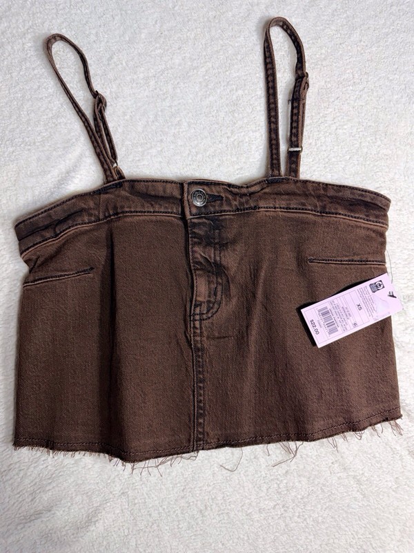 Wild Fable Brown Denim Cropped Tank Spaghetti Adjustable Straps Button XS