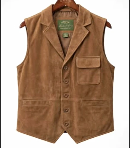Orvis Signature Collection Brown Suede Leather Button Front Lined Vest Men's XL - product listing photo