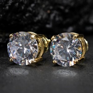 Authentic 14K Gold Plated Men Large Round Shape 4 Ct CZ Bling Screw Back Stud Earrings
