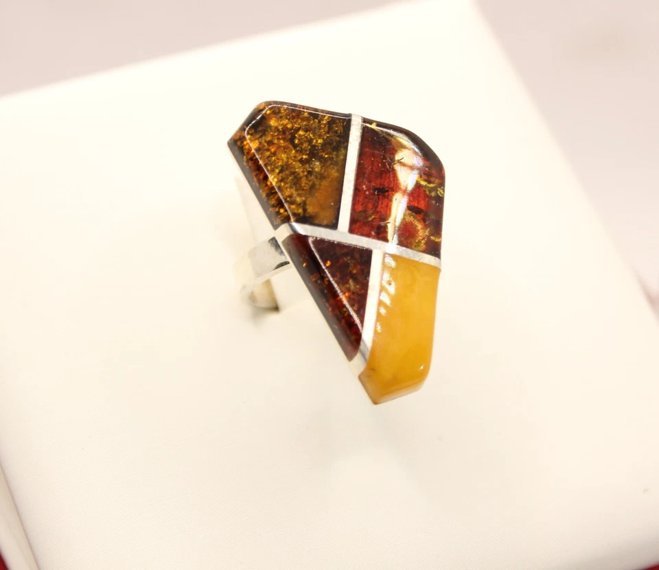 ANELLO ARGENTO AMBRA NATURALE TRIANGOLARE MM 29X23 MIS 14 GR.9,1 EXPLOIT - Immagine 3 di 4