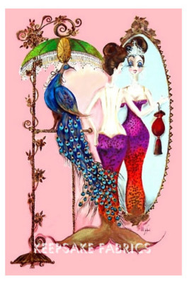 Vintage Chic Mermaid Peacock Admirer Cotton Crazy Quilt Block Multi Sizes