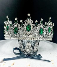 Royal King Crown, Green Crystal Crown, Silver Wedding Crown, Prom Crown, XL Size
