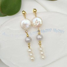 Gorgeous South Sea Natural White Coin Pearl Gray Baroque Pearl Dangle Earrings