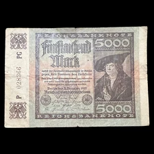 1922 Germany 5000 Mark Post WWI Pre WWII Banknote World Paper Money Kaiser