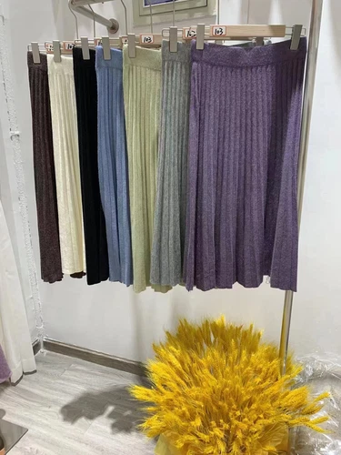 Women Fall Knitted Pleated Skirt Elastic High Waist Winter Swing A-line Casual - Bild 14 von 31