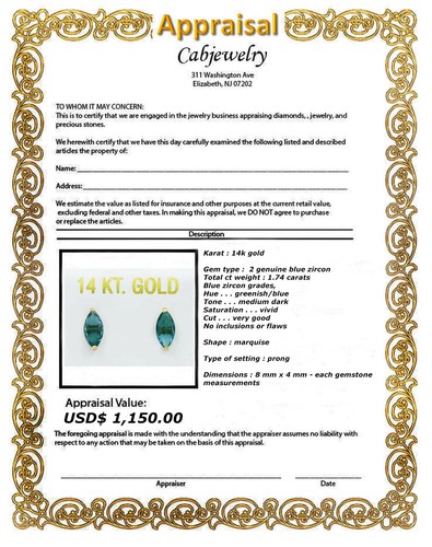 GENUINE 1.74 Cts BLUE ZIRCON STUD EARRINGS 14k GOLD - Free Appraisal - NWT - Picture 4 of 4