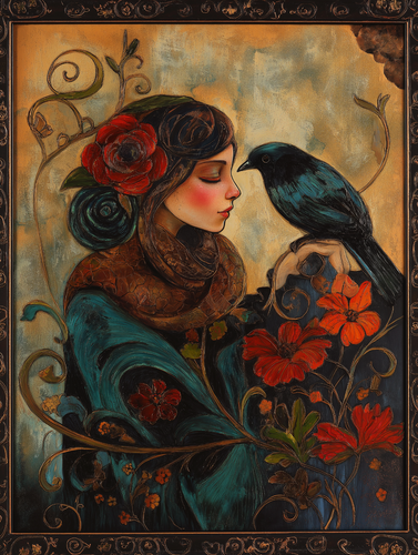 Woman with Red Rose and Bluebird in Vintage Floral Style Poster 18x24in