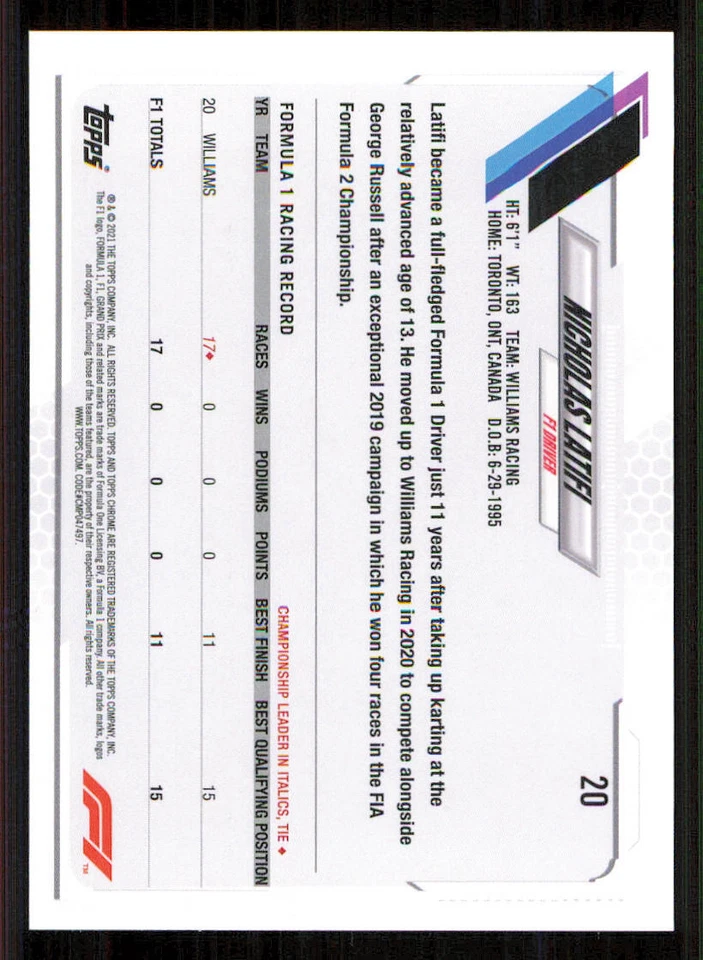 2021 Topps Chrome Formula 1 #20 Nicholas Latifi - Image 2 of 2