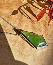 18" Sterling Silver Necklace w/ Genuine Nephrite Canadian Jade Pendant 23x10mm