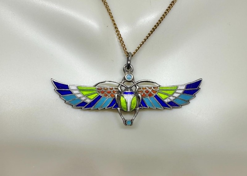 Egyptian Revival Enamel Winged Scarab Insect Pendant Necklace Art Deco Silver