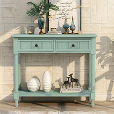 Retro Blue Console Table with Drawers and Open Shelf for Entryway
