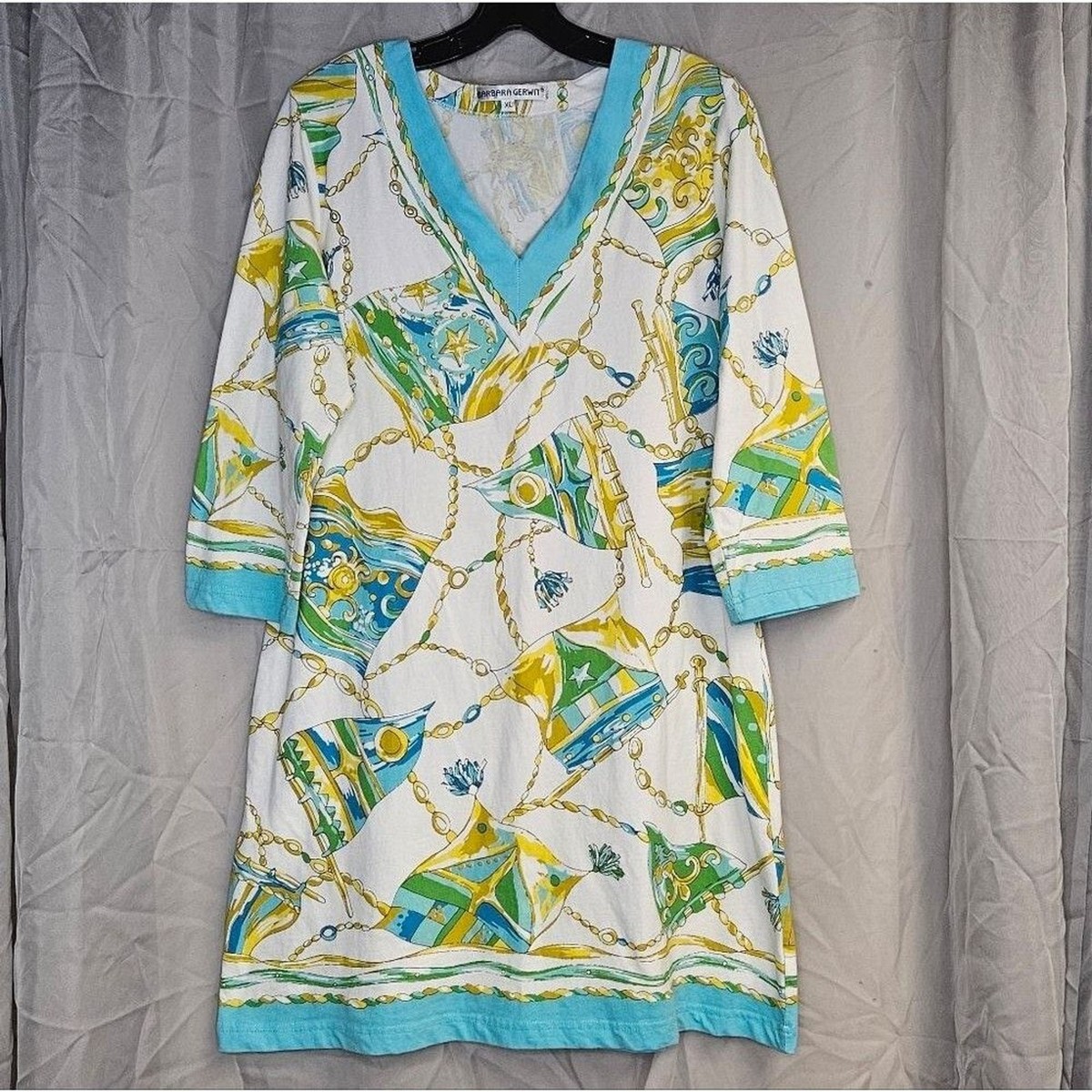 Barbara Gerwit Maritime Nautical Flag Chain Print Blue Green Stretch Shift Dress View 3