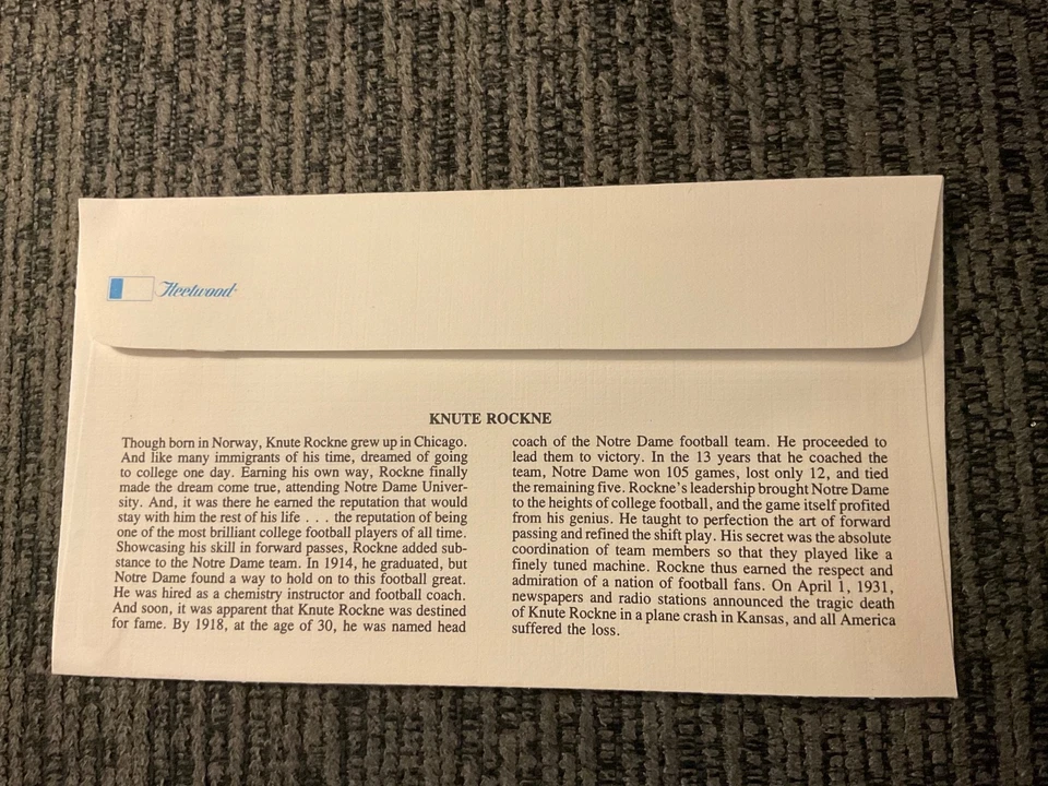 1988 Knute Rockne football coach Sc 2376 FDC premium Fleetwood cachet - Image 2 of 2