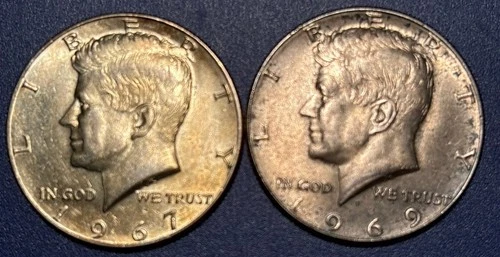 (2) KENNEDY 40% SILVER HALF DOLLARS 1967 & 1969D UNC