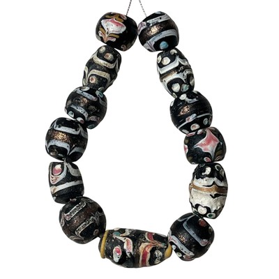 LOT OF 13 RARE ANTIQUE VENETIAN GLASS BLACK BASED ARABESQUE AFRICAN TRADE BEADS