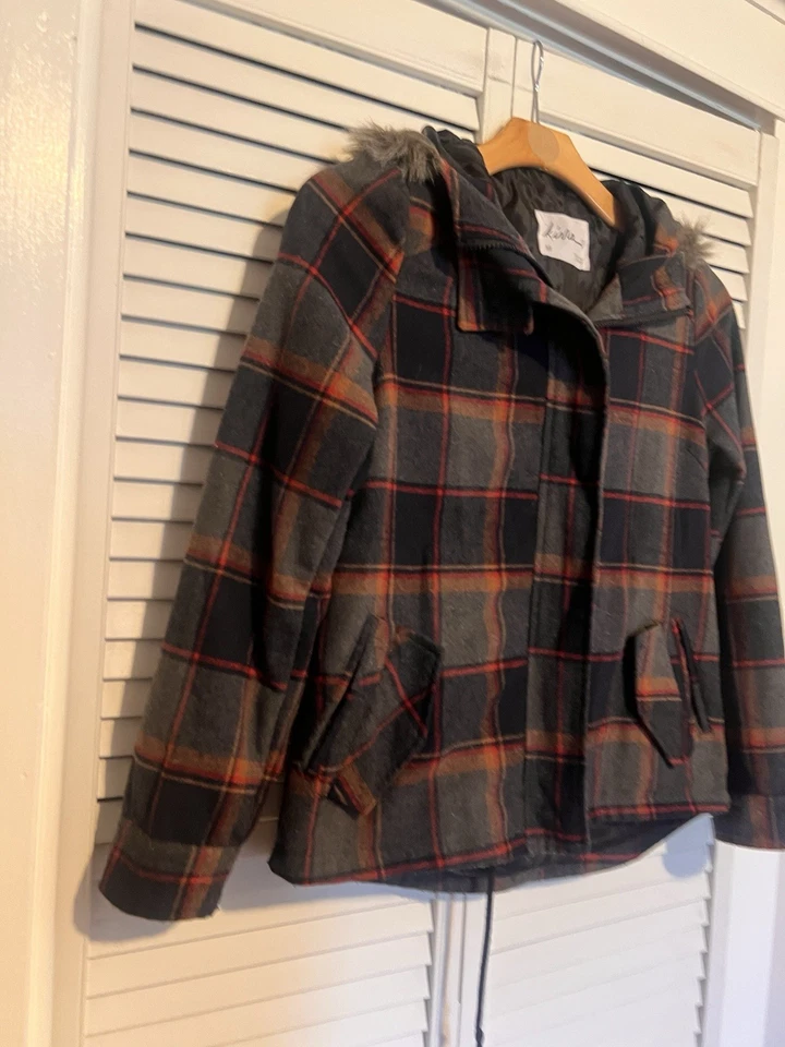 Abrigo Chaqueta KIRRA Mujer Talla Mediana M Cremallera Completa Capucha Mezcla de Lana a Cuadros Foto 2 de 4