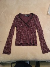 vintage y2k lace trim fitted mesh top M romantic red paisley shirt boho chic vtg