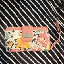 Women's Pink Floral Wristlet Wallet with Button Accent and Card Slots