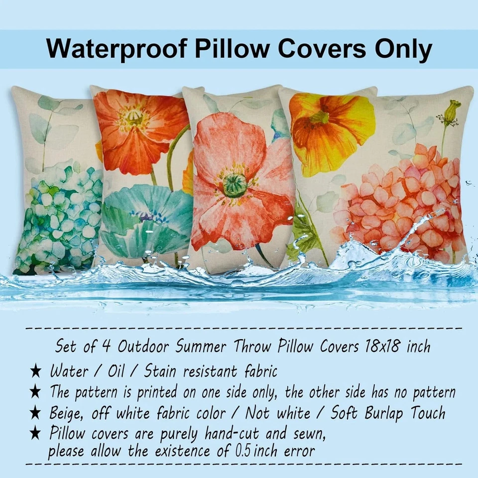 Summer Outdoor Pillow Covers 18X18 Waterproof Set of 4 Hydrangea and Lo - Image 2 of 4
