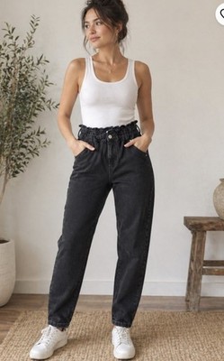 Zara Baggy Paperbag Jeans Womens 4 Black Denim Cotton High Rise Barrel NWOT