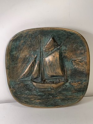 Vintage Plaster Casting Hand Painted Sailboat Wall Hanging 77.5''