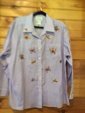 The Quacker Factory Purple Striped Butterfly Embroidery Long Sleeve Shirt Top 1X