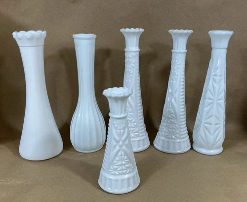 Vintage MCM Milk Glass Anchor Hocking Bud Vases Assorted Styles 9”, 6” Lot Of 6