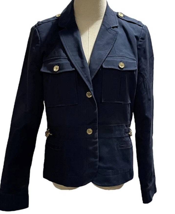 MICHAEL KORS Gold Chain Detail Military lined Blazer Jacket Twill Blue Sz 14