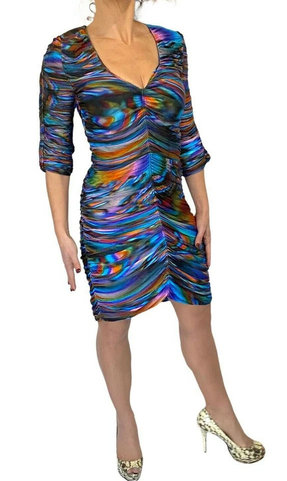 Vestido Matthew Williamson Multicolor Cuello en V Acanalado Bodycon Jersey Manga 3/4 XS S Foto 4 de 4