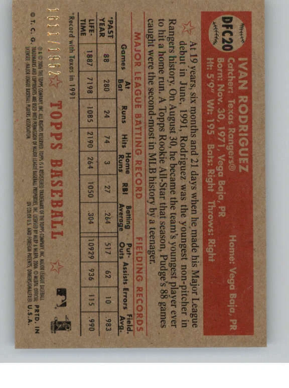 2006 Topps '52 Debut Flashbacks Chrome #DF20 Ivan Rodriguez 1952 (ref 141562) - Image 2 of 2