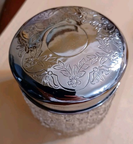 1916 Antique English Silver-plated Lid Cut Crystal Dresser Powder Vanity Jar - Picture 7 of 10