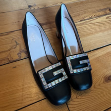Gucci Madeleine Leather Black Mid-Heel Pump Crystal G Sz 37 US 7 1250