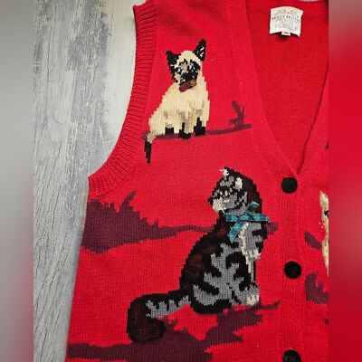 Vintage Cat sweater vest Susan Bristol Y2K 1995 Red Medium