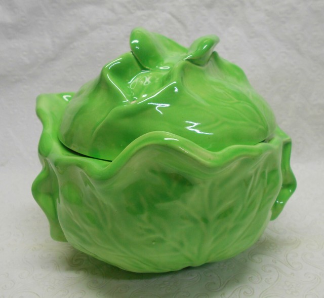 Vintage Holland Mold Ceramic Pottery Green Cabbage Bowl with Lid