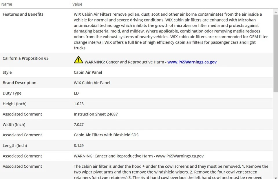 Filtro de aire de cabina WIX para Ford Mustang 2005-2010 V6-4,0 L Foto 3 de 4