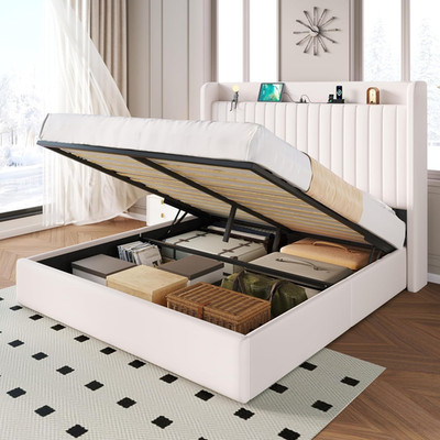 Queen Size Lift up Storage Bed Frame with Charging Station/Usb,Type-C Port/Stora